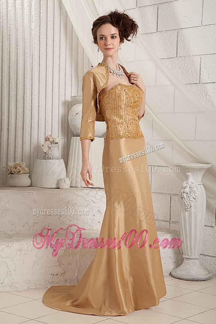 Full Beaded Gold Strapless Bruch Train Mother of the Bride Dress