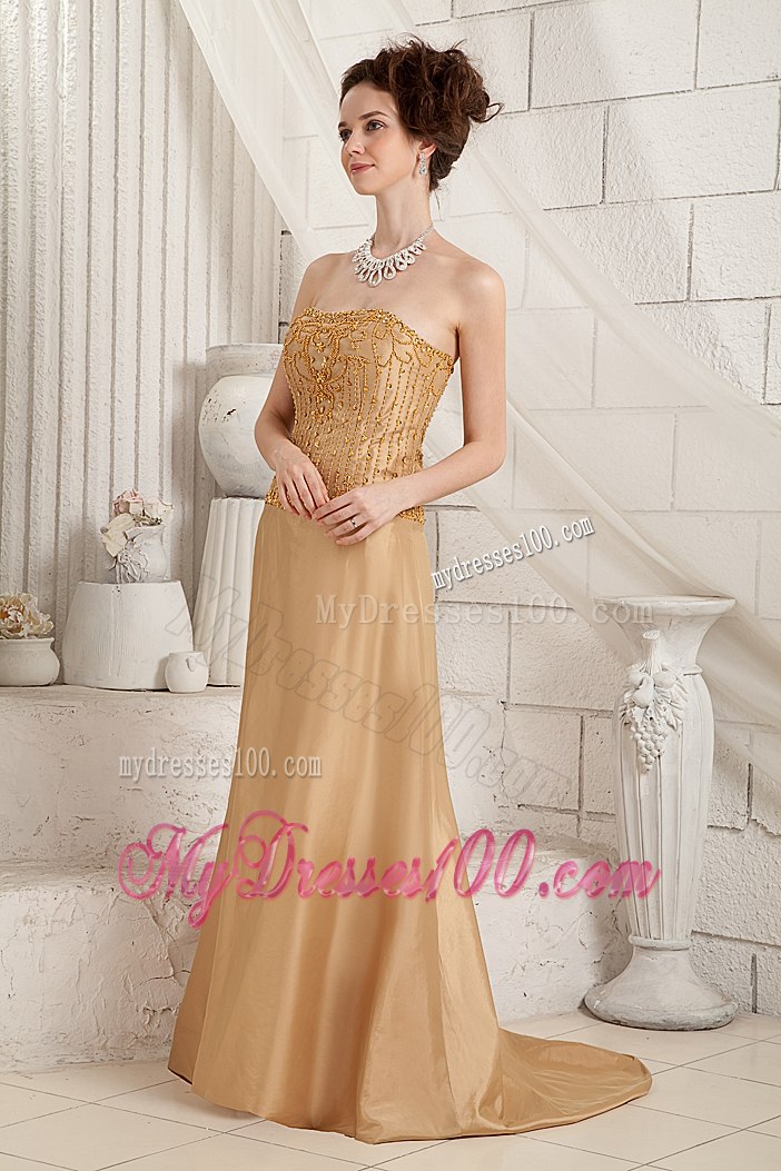 Full Beaded Gold Strapless Bruch Train Mother of the Bride Dress