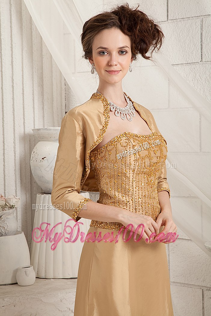 Full Beaded Gold Strapless Bruch Train Mother of the Bride Dress