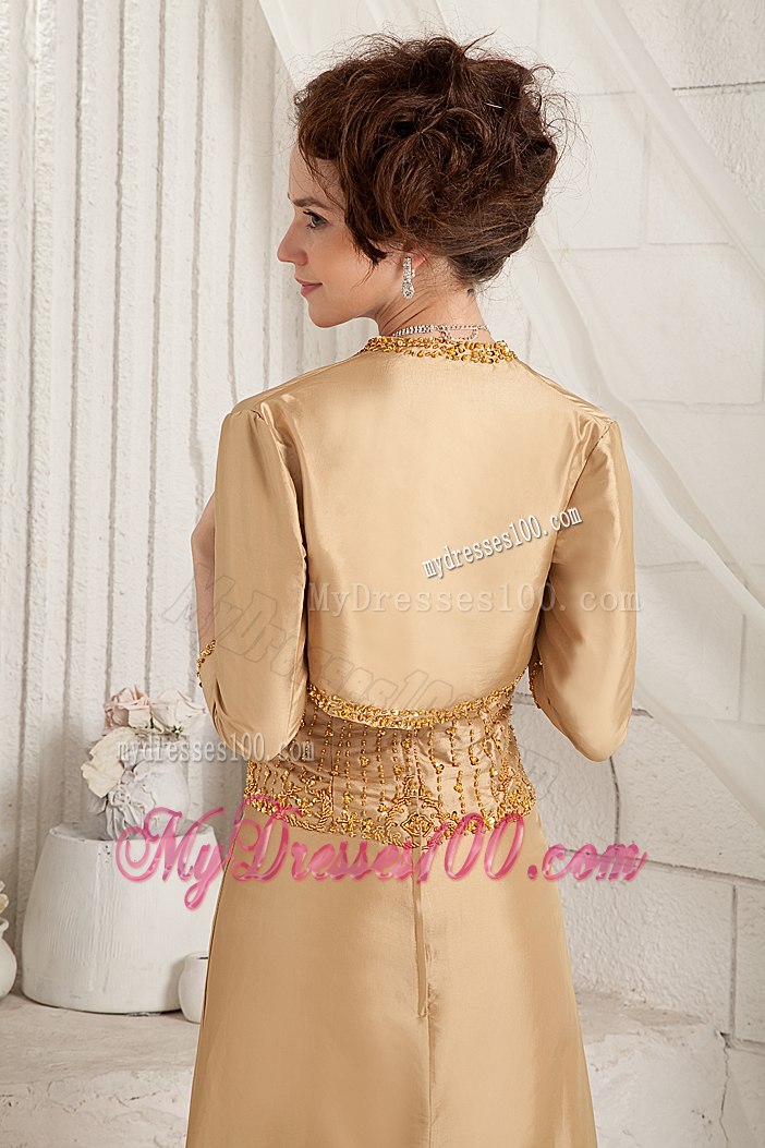 Full Beaded Gold Strapless Bruch Train Mother of the Bride Dress