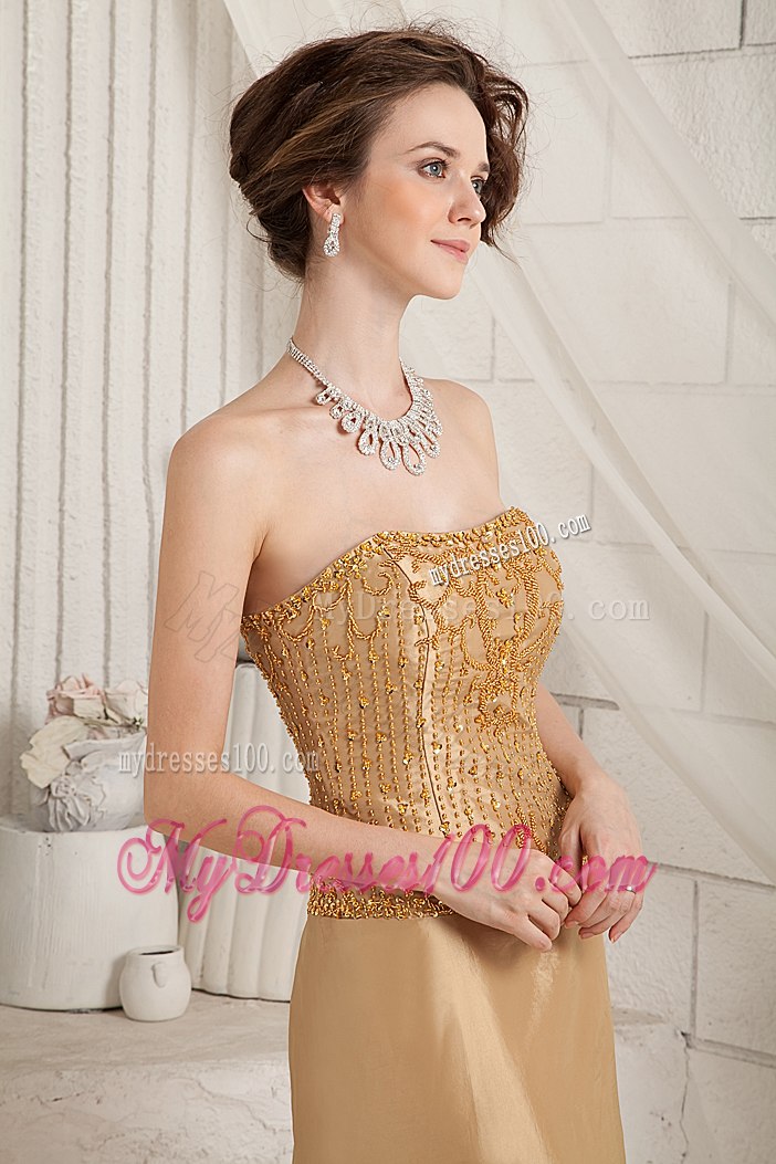 Full Beaded Gold Strapless Bruch Train Mother of the Bride Dress