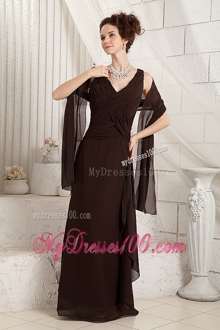 Brown V-neck Floor-length Chiffon Ruched Mother In Law Dress