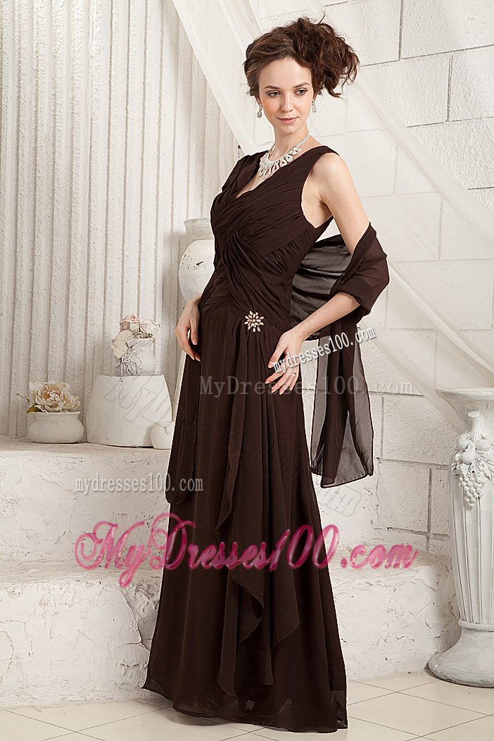 Brown V-neck Floor-length Chiffon Ruched Mother In Law Dress