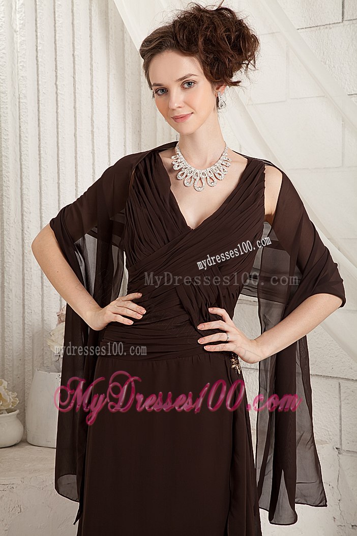 Brown V-neck Floor-length Chiffon Ruched Mother In Law Dress