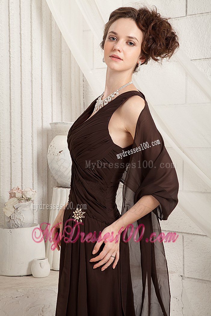 Brown V-neck Floor-length Chiffon Ruched Mother In Law Dress