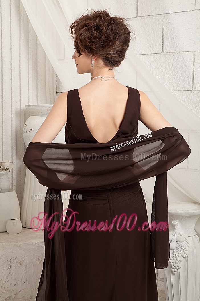 Brown V-neck Floor-length Chiffon Ruched Mother In Law Dress