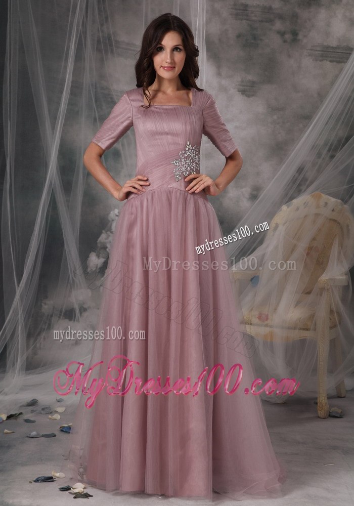 Square Neck Blush Colored A-line Short Sleeves Mother Of Bride Dress
