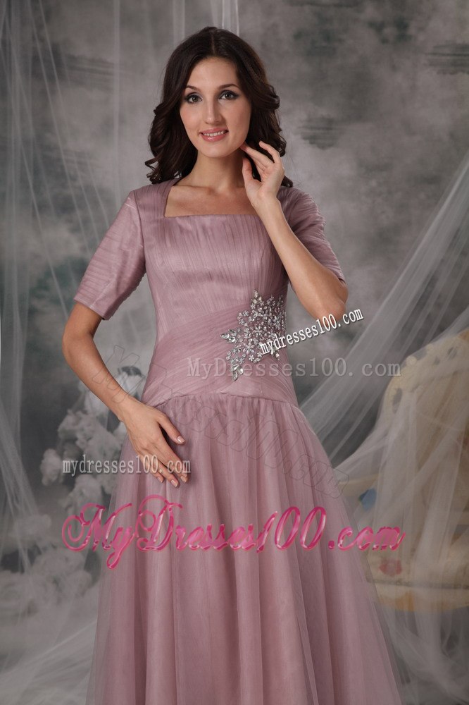 Square Neck Blush Colored A-line Short Sleeves Mother Of Bride Dress