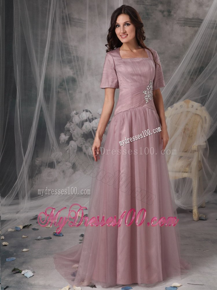 Square Neck Blush Colored A-line Short Sleeves Mother Of Bride Dress