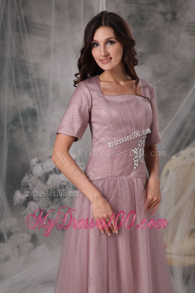Square Neck Blush Colored A-line Short Sleeves Mother Of Bride Dress