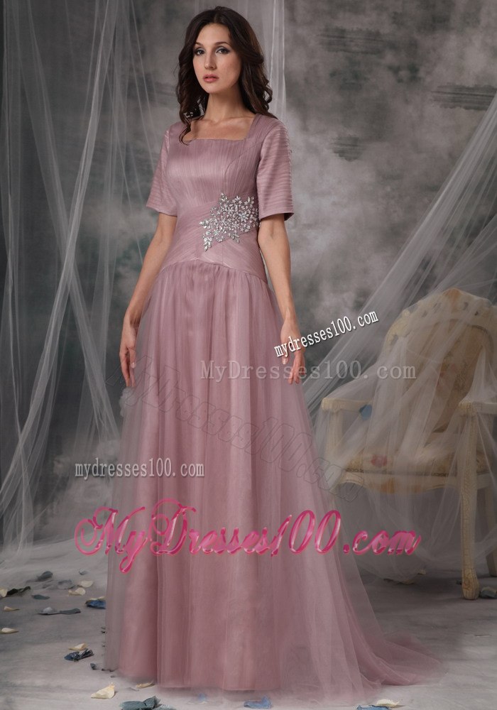 Square Neck Blush Colored A-line Short Sleeves Mother Of Bride Dress