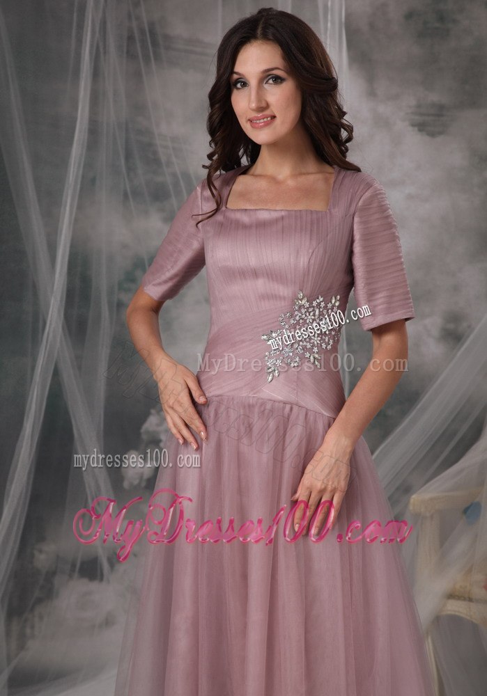 Square Neck Blush Colored A-line Short Sleeves Mother Of Bride Dress