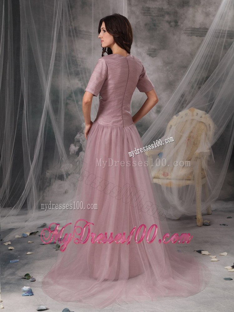 Square Neck Blush Colored A-line Short Sleeves Mother Of Bride Dress