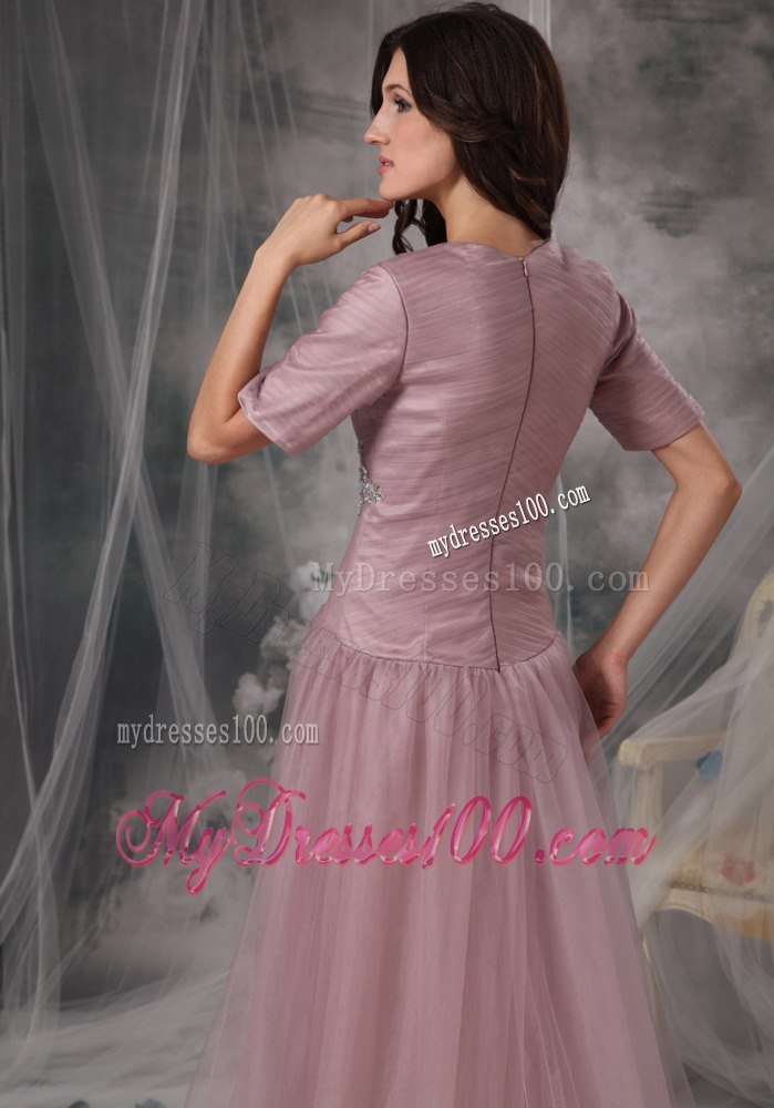 Square Neck Blush Colored A-line Short Sleeves Mother Of Bride Dress