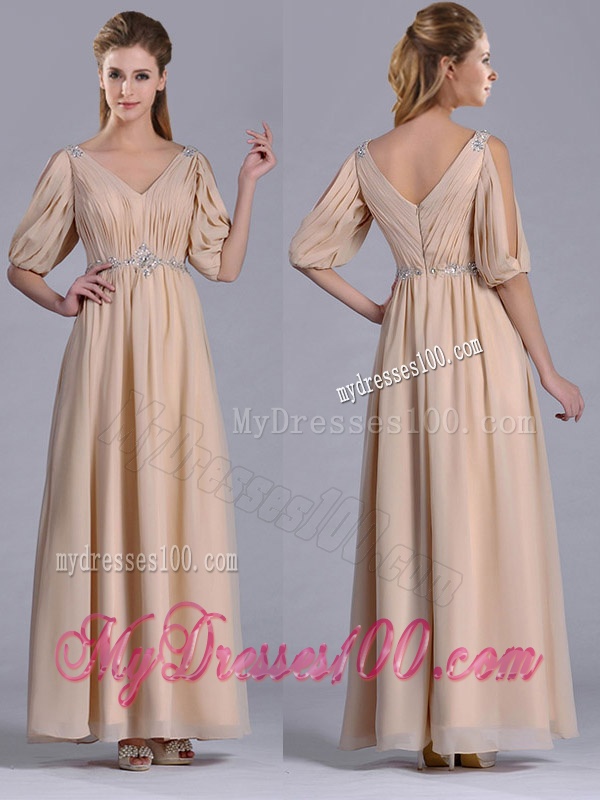 Cheap Beaded and Ruched V Neck Long Mother of The Bride Dress in Champagne