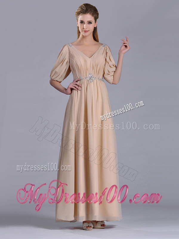 Cheap Beaded and Ruched V Neck Long Mother of The Bride Dress in Champagne