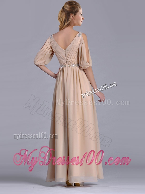 Cheap Beaded and Ruched V Neck Long Mother of The Bride Dress in Champagne