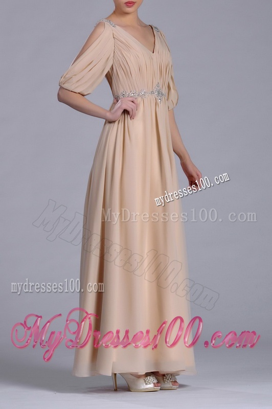 Cheap Beaded and Ruched V Neck Long Mother of The Bride Dress in Champagne