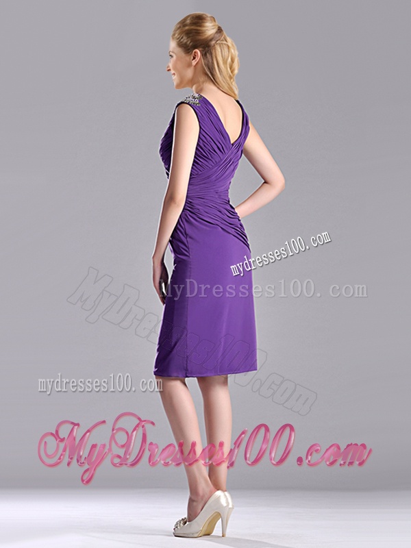 Cheap Column V Neck Knee-length Short Mother of The Bride Dress in Purple