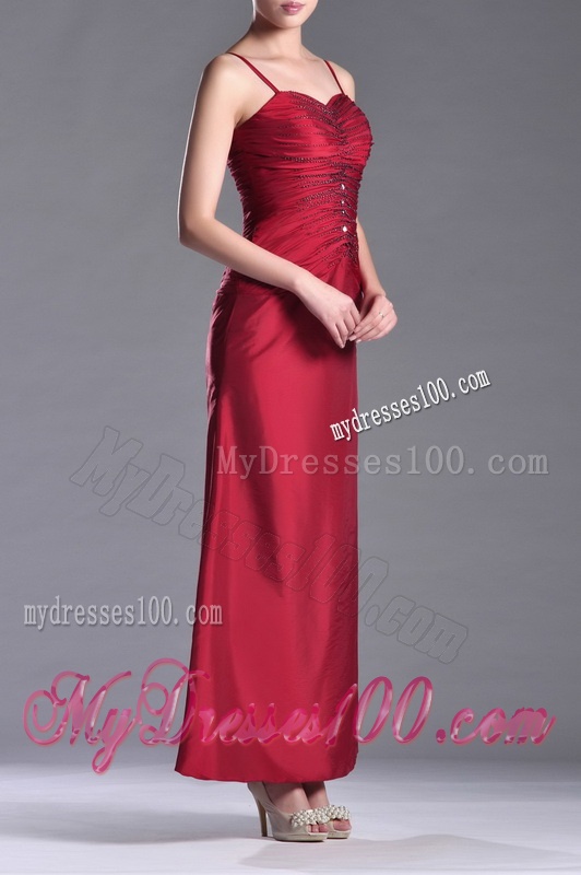 Classical Spaghetti Straps Taffeta Beaded Mother of The Bride Dress in Wine Red