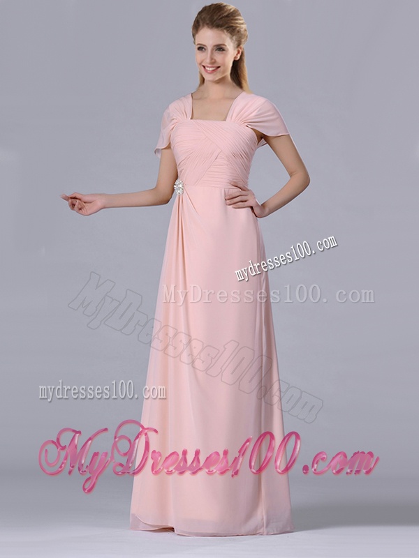 Column Square Chiffon Light Pink Chiffon Ruching Mother of The Bride Dress