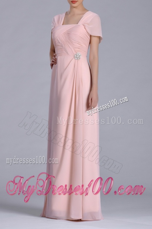 Column Square Chiffon Light Pink Chiffon Ruching Mother of The Bride Dress