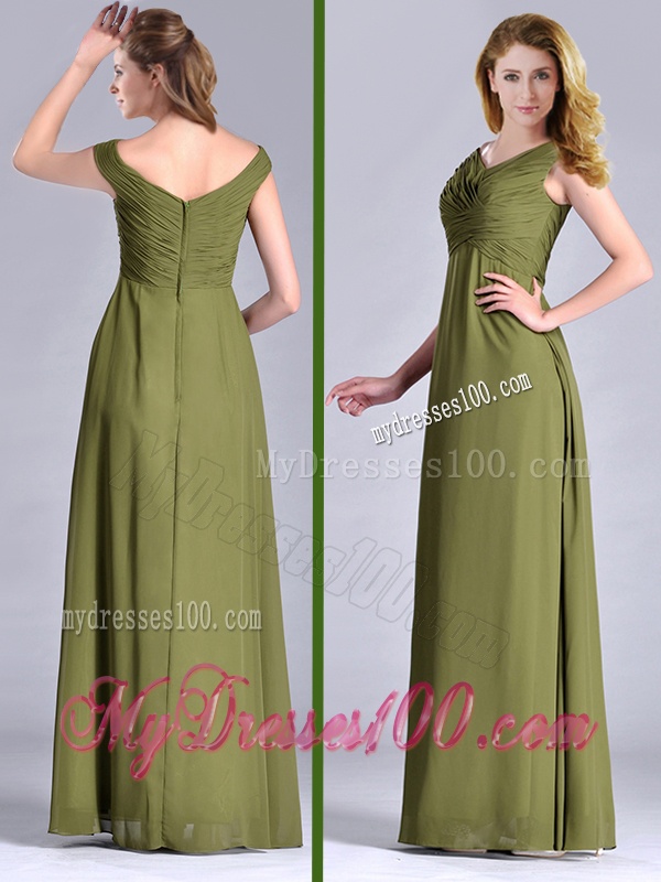 Discount Empire V Neck Chiffon Olive Green Mother of The Bride Dress with Ruching