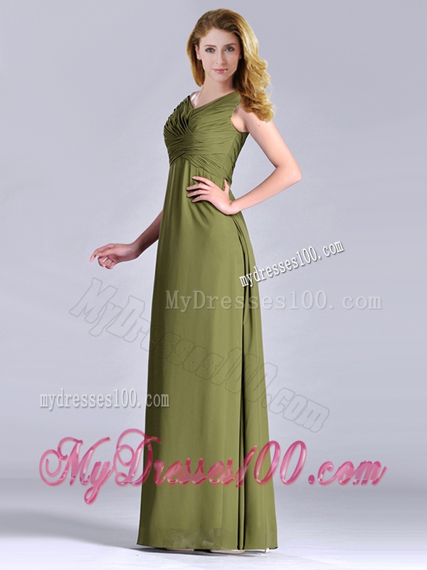 Discount Empire V Neck Chiffon Olive Green Mother of The Bride Dress with Ruching