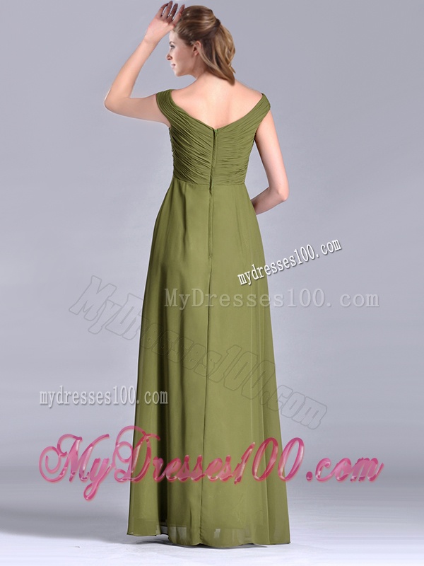Discount Empire V Neck Chiffon Olive Green Mother of The Bride Dress with Ruching