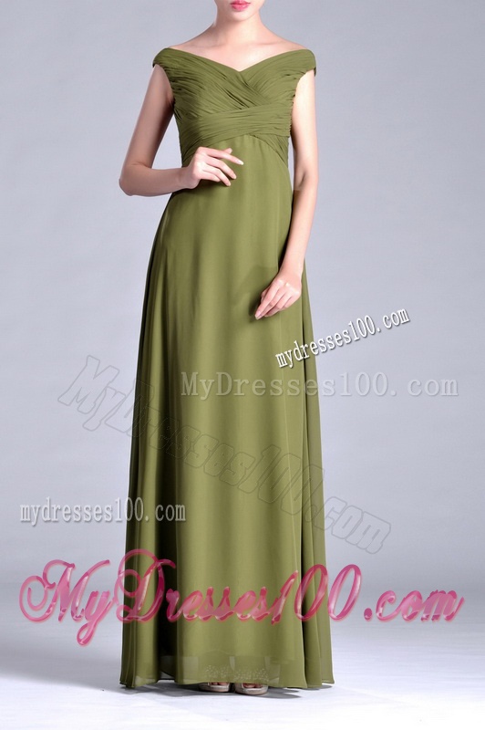 Discount Empire V Neck Chiffon Olive Green Mother of The Bride Dress with Ruching