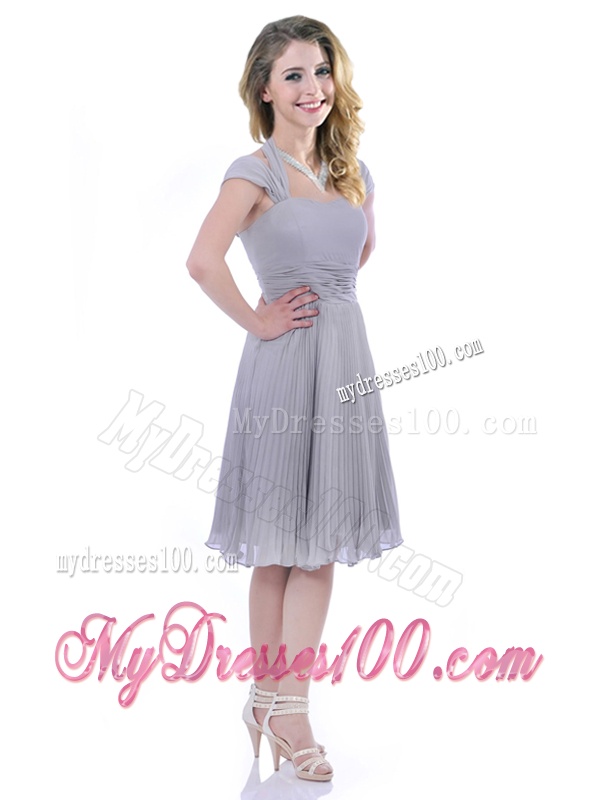Elegant Cap Sleeves Tea Length Grey Mother of The Bride Dress with Pleats