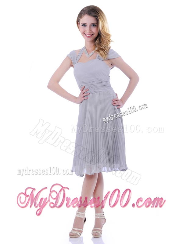 Elegant Cap Sleeves Tea Length Grey Mother of The Bride Dress with Pleats