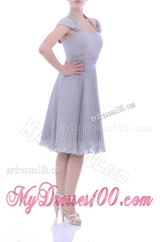 Elegant Cap Sleeves Tea Length Grey Mother of The Bride Dress with Pleats