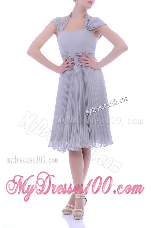 Elegant Cap Sleeves Tea Length Grey Mother of The Bride Dress with Pleats