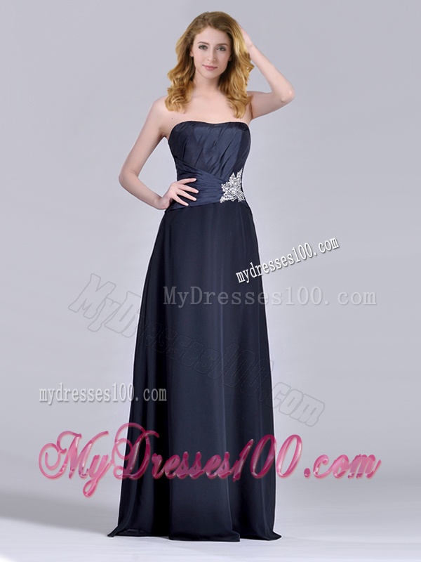 Exquisite Empire Satin Beaded Long Mother of The Bride Dress in Navy Blue