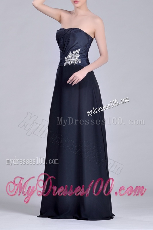 Exquisite Empire Satin Beaded Long Mother of The Bride Dress in Navy Blue