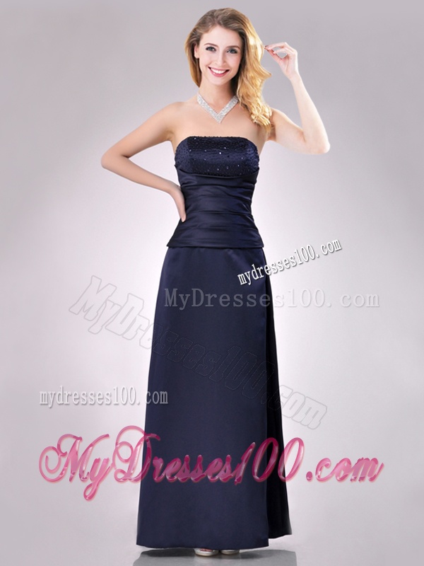 Fashionable Strapless Beaded Bust Long Mother of The Bride Dress in Navy Blue