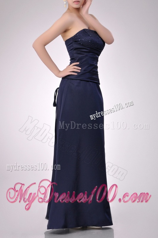 Fashionable Strapless Beaded Bust Long Mother of The Bride Dress in Navy Blue