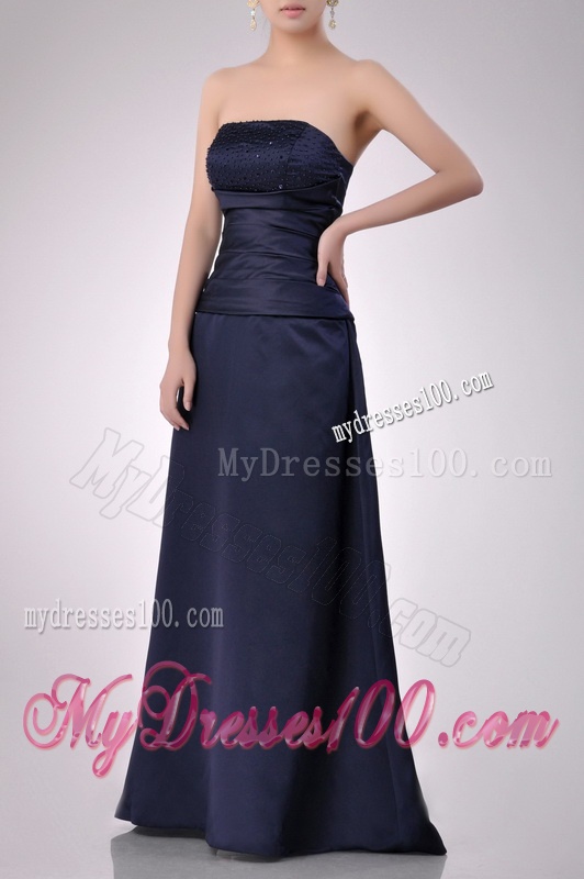 Fashionable Strapless Beaded Bust Long Mother of The Bride Dress in Navy Blue
