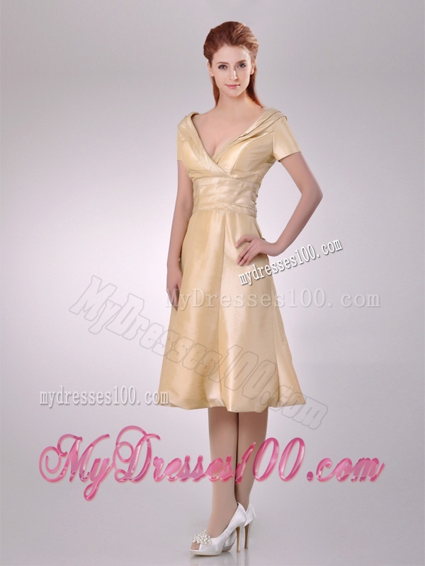 Hot Sale V Neck Champagne Tea Length Mother of The Bride Dress with Short Sleeves