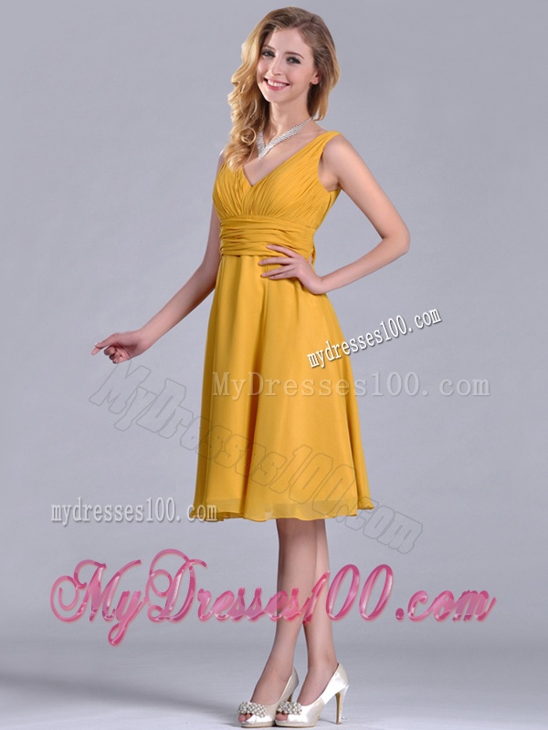Latest Empire V Neck Ruched Gold Mother of The Bride Dress in Chiffon