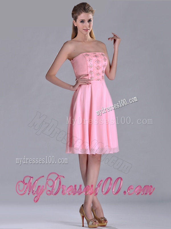 Latest Side Zipper Strapless Pink Short Mother of The Bride Dress with Beaded Bodice