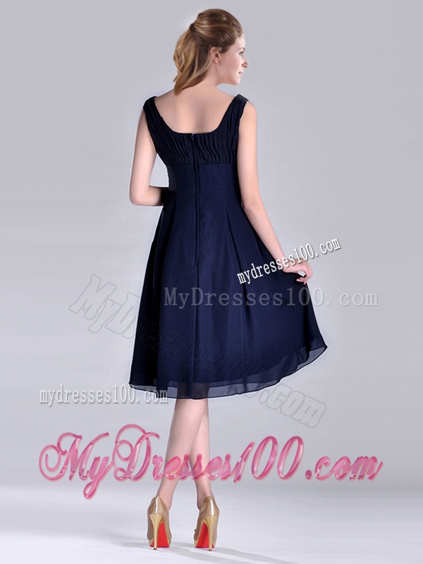 Latest Square Empire Chiffon Navy Blue Mother of The Bride Dress with Ruching