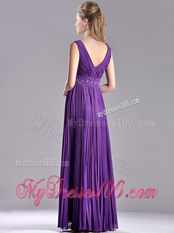 Luxurious V Neck Purple Mother of The Bride Dress with Beading and Pleats