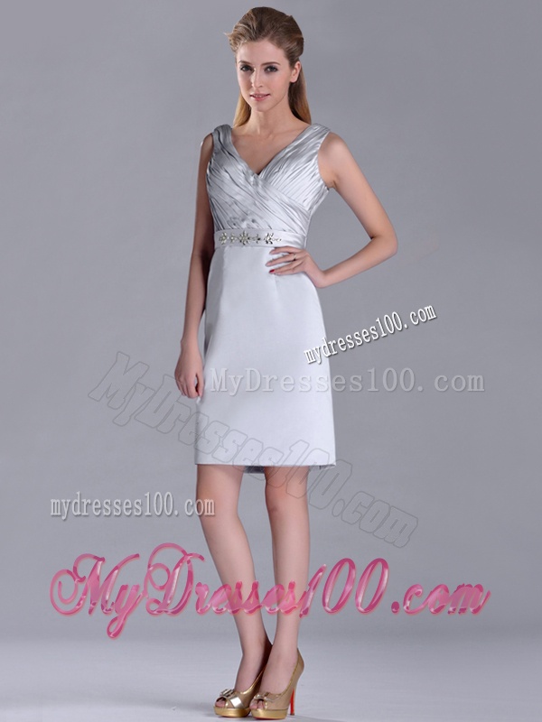 Modern V Neck Belted with Beading Mother of The Bride Dress in Silver