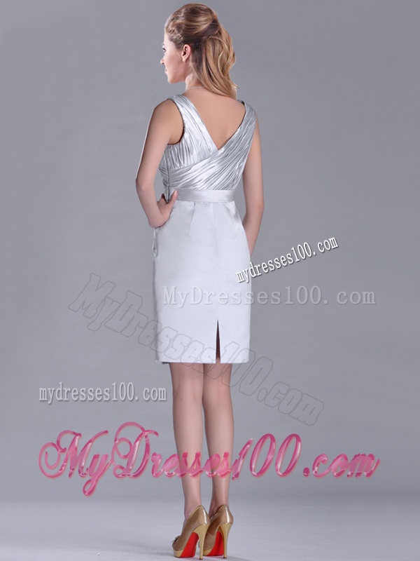 Modern V Neck Belted with Beading Mother of The Bride Dress in Silver