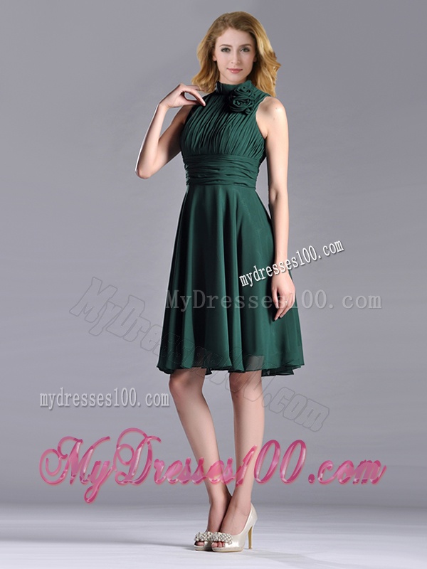 New High Neck Handmade Flower Dark Green Mother of The Bride Dress with Open Back