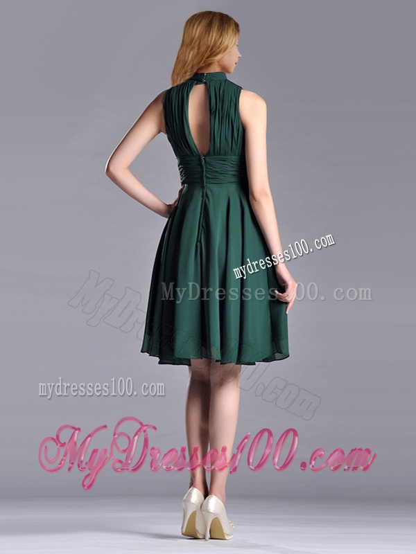 New High Neck Handmade Flower Dark Green Mother of The Bride Dress with Open Back