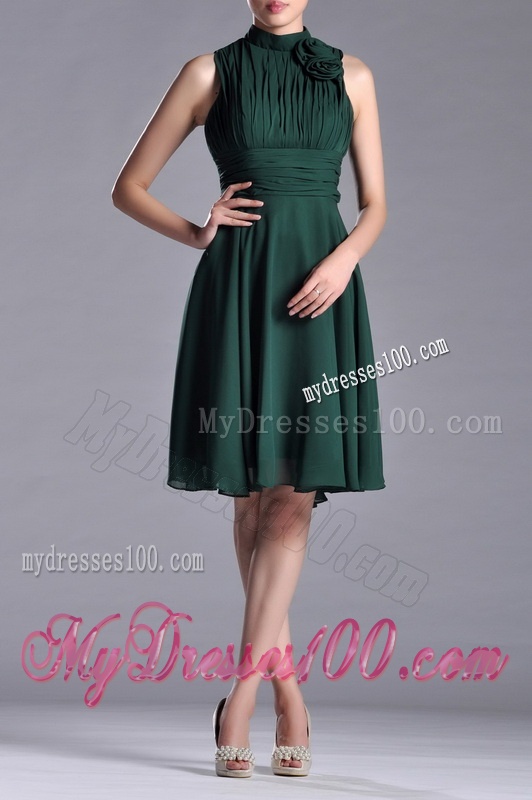 New High Neck Handmade Flower Dark Green Mother of The Bride Dress with Open Back