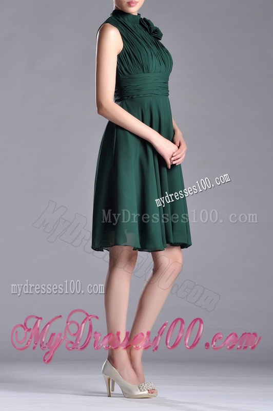 New High Neck Handmade Flower Dark Green Mother of The Bride Dress with Open Back